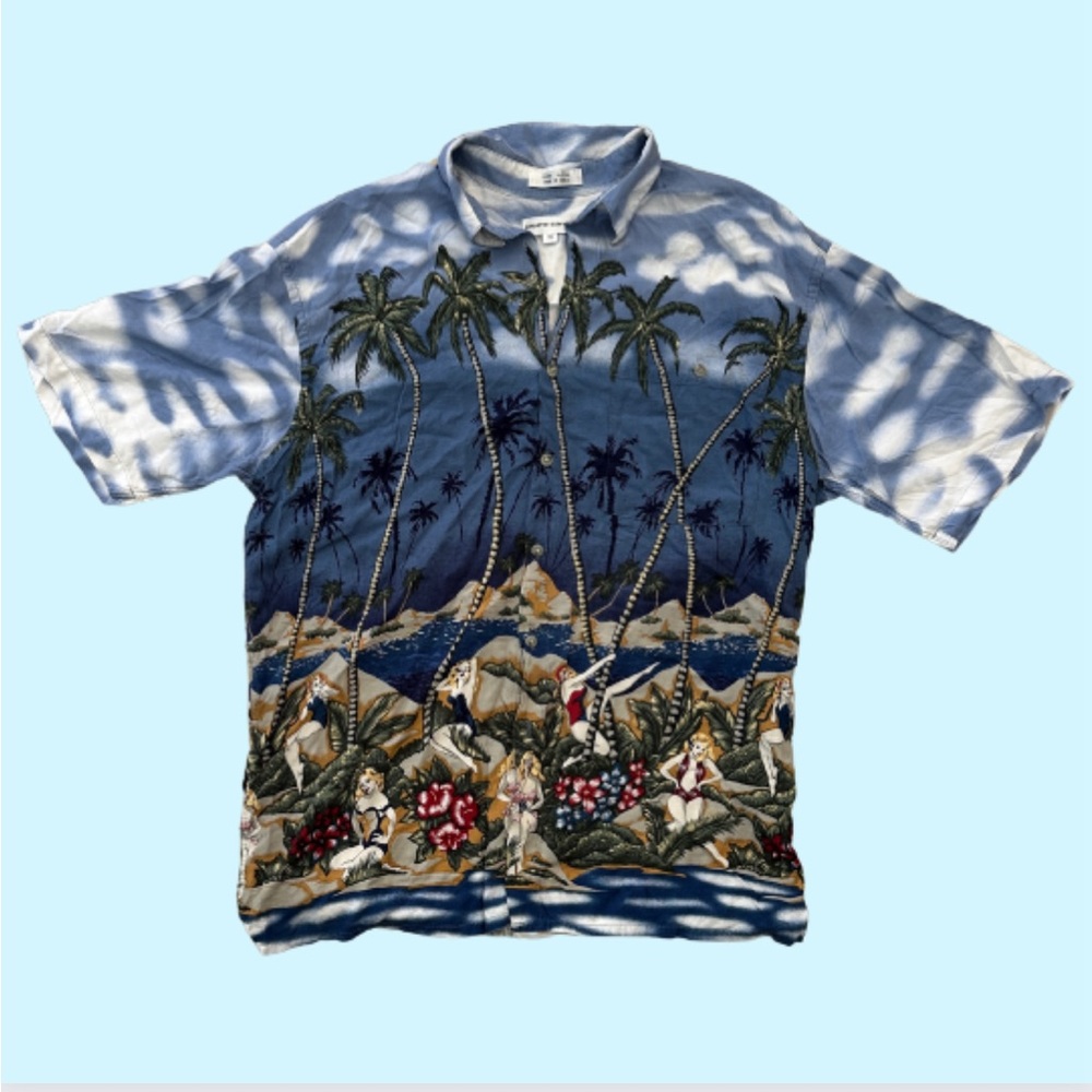 Vintage Pierre Cardin Blue Beach Pin up print Hawaiian button down shirt size M